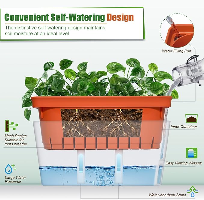 OurWarm 3 Pack Self Watering Herb Planter Set for Windowsill 10.5In Indoor Herb Garden Planters with Water Level Indicator Dual Layer Easy Care Pot for Basil Flowers Vegetables &amp Succulent