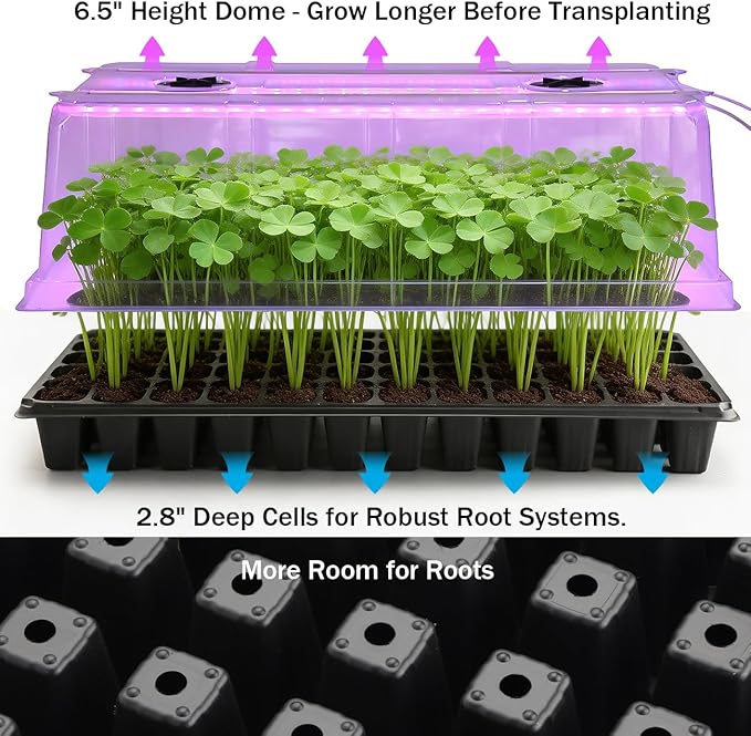 1020 Trays with Grow Light and 6.3 Humidity Dome - 4 Pack Heavy Duty Seed Trays with 72 Cell Plug Trays Germination Kit with Timer and Dimmable LED - Reusable Plant Propagation Box for Gardening