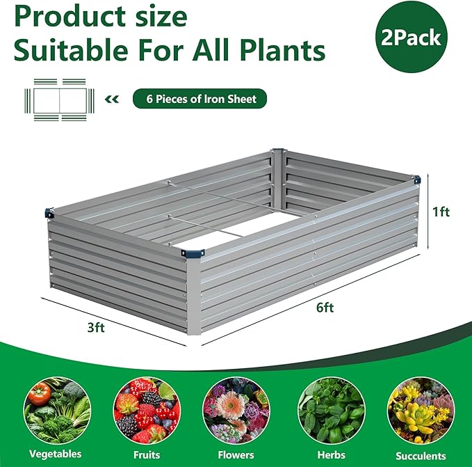 Vengarus 6x3x1FT (2 Pack) Galvanized Raised Garden Bed Kit Outdoor Metal Planter Box for Vegetables Rectangular Steel Container Easy Assembly (Silver)