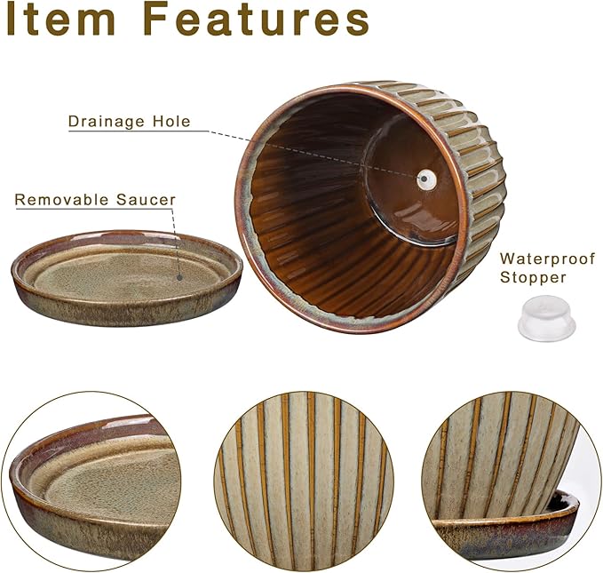 Oairse Ceramic Pots for Indoor Plants 7.8 inch Pots for Plants Brown Planters with Drainage Holes and Saucers Texture Ceramic Planters Indoor Outdoor for Succulent