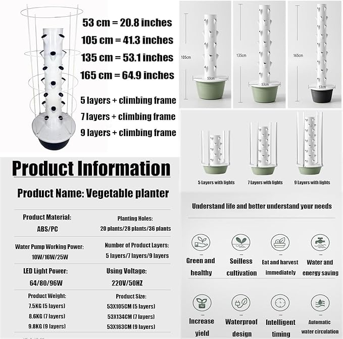 Auto Water Circulate Hydroponics TowerSoilless Cultivation Vertical Tower Farming Garden PlanterHydroponics Growing Towerwith Water Circulation and Automatic Timer green-9layers+plantlight