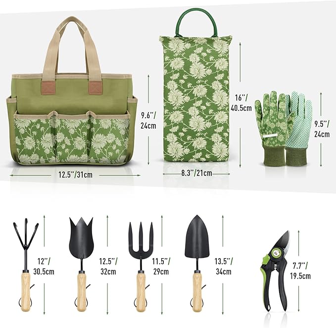 Colwelt Garden Tools Set 8 Piece Heavy Duty Gardening Tools with Wooden Handle Including Garden Tote Kneeling Pad Gloves Pruner Trowel Tulip Trowel Cultivator - Gardening Gifts for Women Men