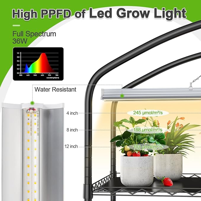 Abimars 5-Tier Greenhouse with Grow Light Shelf Height Adjustable Metal Plant Shelf with PVC Cover and Wheels Includes 5-Pack 2900K Full Spectrum Plant Lights 21x60x80inch