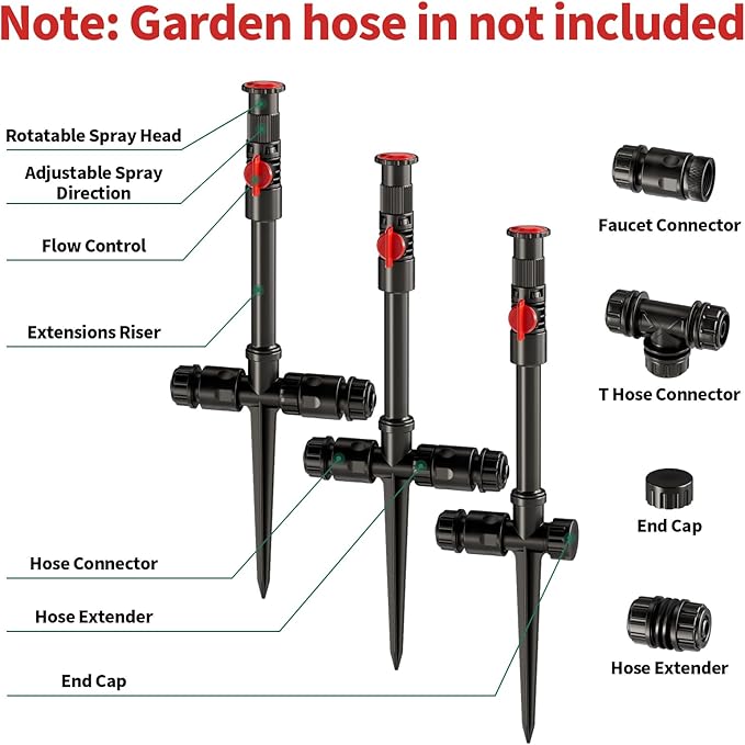 Flexible Sprinkler System Above Ground DIY Irrigation Kit Multi-Adjustable Lawn Sprinkler Set Ideal for Plant and Flower Bed Watering (Garden Hose Not Included)