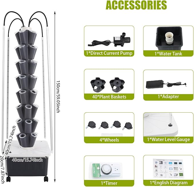 Hydroponics Growing System Tower Kit with Led Light 40pods Vertical Hydroponic Tower Hydroponics Tower Indoor Garden for Herbs Fruits and Vegetables (8 Layer)