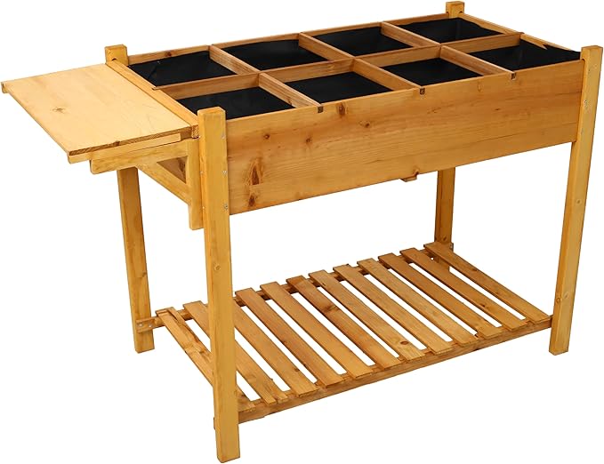 8 Pockets Horticulture Raised Garden Bed Elevated Wood Planter Box Stand with Foldable Side Table and Storage Shelf for HerbVegetablesFlowers