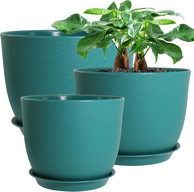 12/10/9 Large Modern Plant Pots Plastic Planters with Drainage Holes and Saucers for Indoor Outdoor Plants Flowers Malachite Green