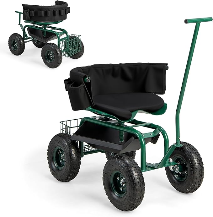Garden Cart on Wheels 360° Swivel Rolling Outdoor Workseat with Washable Cushion &amp Dual Handles Height Adjustable Garden Stool for Patio Yard (Green)