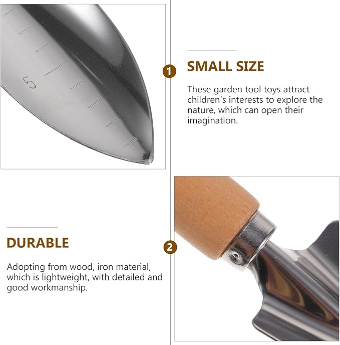 Garden Hand Tools Set 4pcs with Wooden Handles – Wide Shovel Pointed Trowel 3-Prong Rake Cultivator for Outdoor Gardening and Planting Yard Care
