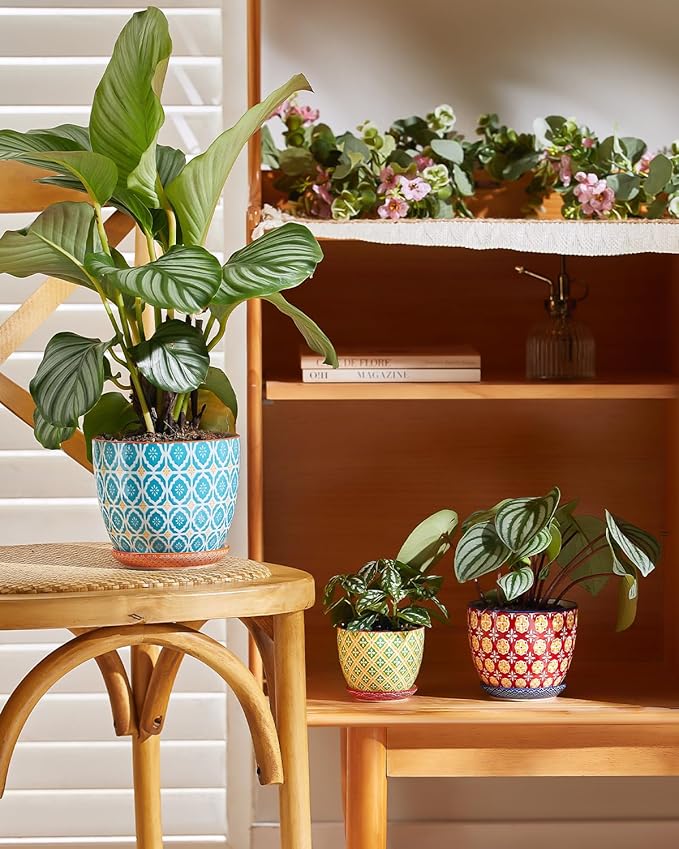 Ceramic Plant Pots 3.8+4.9+5.8 Inch Set of 3 Flower Pots with Drainage Hole &amp Saucer Trio Planter Pots Set for House Plants Home Decor Vibrant Colors