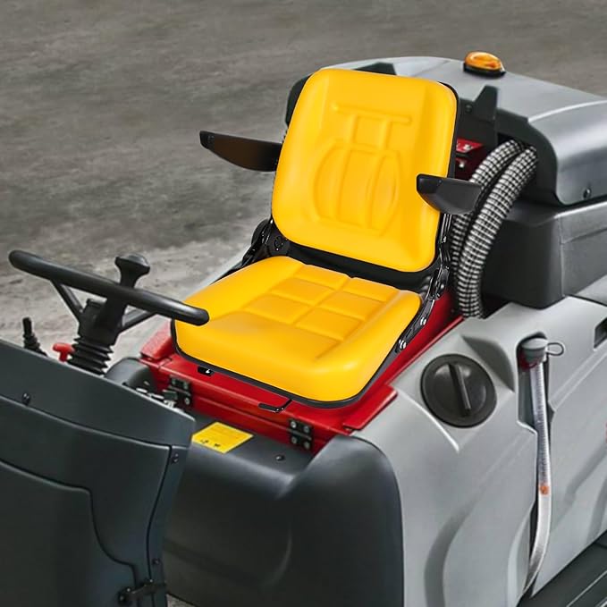 Universal Tractor Seat Forklift Lawn Mower Seat w/Armrests &amp Adjustable Backrest 30 ° -180 ° for Mowers Dozers Aerial Lifts Floor Scrubbers (Yellow)