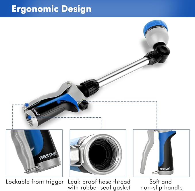 RESTMO Metal Watering Wand Heavy Duty Garden Hose Wand with 180° Swivel Ratcheting Head 16'' Hose Nozzle Sprayer with 7 Spray Patterns and Flow Control for Water Hanging Baskets and Shrubs Blue