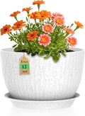 12 Inch Wide Water Ripples Flower Pots for Indoor or Outdoor Plants Large Plant Pots with Drainage Holes &amp Saucer Plastic Planters Set for Garden &amp Home Decor (White with Black Speckles)