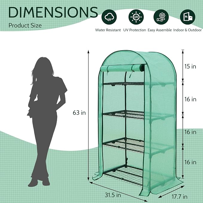 EAGLE PEAK 4-Tier Mini Greenhouse Portable Green House with Shelves &amp Weather-Resistant PE Cover Small Greenhouse for Seedlings &amp Gardening Gifts 32x18x63 in Clear/Green