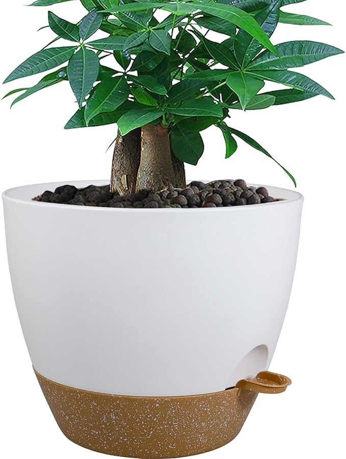 12 inch Large Self Watering Pots Plastic Planters with 60oZ Removable Deep Reservoir and Multi Mesh Drainage Holes for Indoor Outdoor Garden Plants and Flowers White with Brown