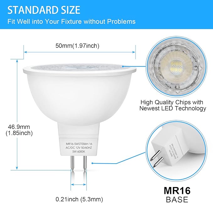 Mlambert 12 Pack MR16 LED Bulbs 50W Halogen Equivalent6000K Cool Whitee5W GU5.3 MR16 12V Spotlight BulbNon-Dimmable45° Beam Angle for Landscape Recessed