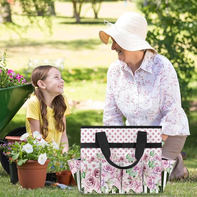 Garden Tool BagFloral Rose Flower Polka Dot Stripe Gardening Organizer Bag With Pockets Garden Tool Kit Storage Tote for Women Men Garden Tool Set Holder