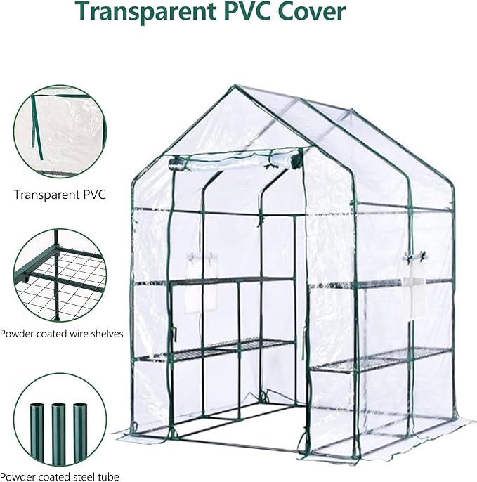 Greenhouse for Outdoor - Walk in Greenhouse with 6 Shelves Heavy Duty Metal Frame Weatherproof Transparent Cover Roll Up Door Gardening House for Plants &amp Seedlings - 56.3 x 56.3 x 76.77 Inch