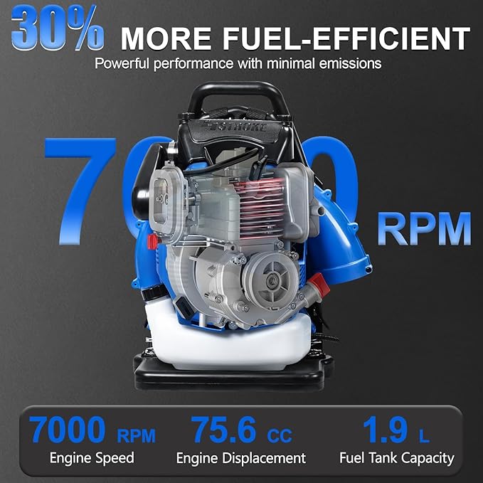 4-Cycle High Power Gas Backpack Leaf Blower5HP - 75.6CC Engine 750CFM Tornado-Like Airflow Adjustable Speed Ergonomic Design for Effortless Leaves Snow and Debris Cleanup