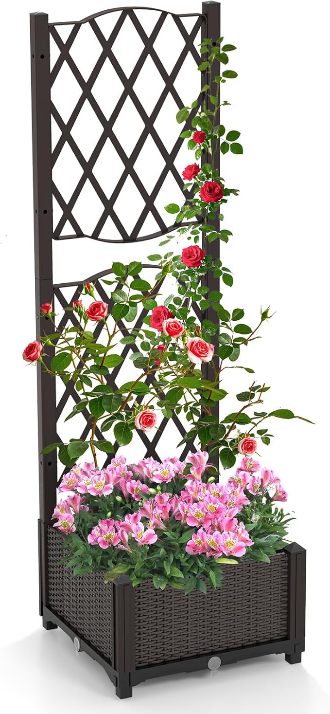 Giantex Raised Garden Bed with Trellis Garden Planter for Vine Climbing Plant Vegetable Herb Flower Outdoor Standing Garden Bed with Drainage Hole for Yard Balcony Entryway 16x16x 48