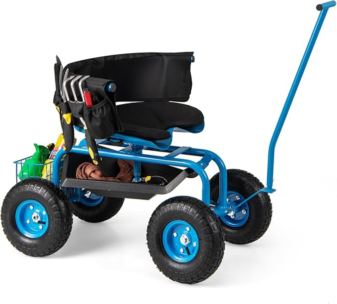 Goplus Rolling Garden Seat with Wheels Outdoor Garden Cart with 360° Swivel Seat &amp Tool Storage 2 Steering Handles Gardening Stool Wagon Scooter Lawn Patio Gardening Workseat for Seniors