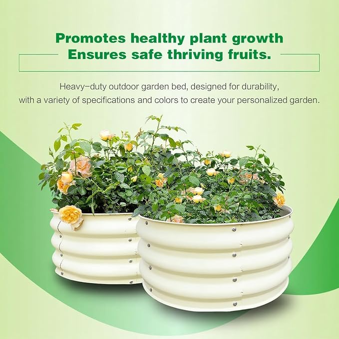GARDMAX 2 Pack 2x2x1FT Galvanized Round Raised Garden Bed Kit Metal Planter Boxes Outdoor with Easy Assembly Large Garden Bed for Vegetables Fruits Flower Herbs Milk White