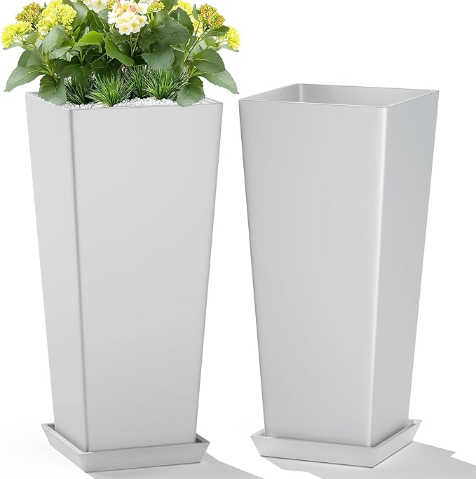 Set of 2 Tall Planters 24 Large Indoor Outdoor Flower Pots with Tray Modern Tapered Planters for Porch Patio Garden Backyard(White)