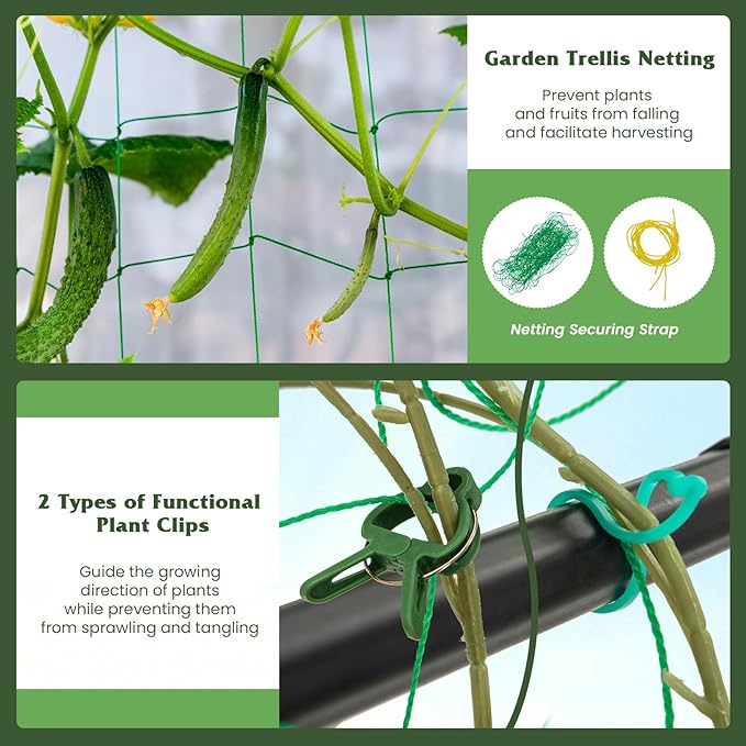 Giantex Cucumber Trellis Trellis for Climbing Plants Outdoor Garden Trellis w/Netting PE-Coated Metal Clips Plant Support for Flower Vine Grape Vegetable Fruit 41x51x59