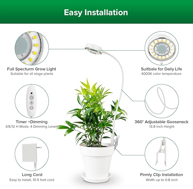 SANSI Grow Lights for Indoor Plants Pot Clip LED Plant Light for Growing Full Spectrum Plant Growing Lamp with 4-Level Dimmable Auto On Off 3 6 12 Hrs Timer for Pot Plants White 10W 2-Pack