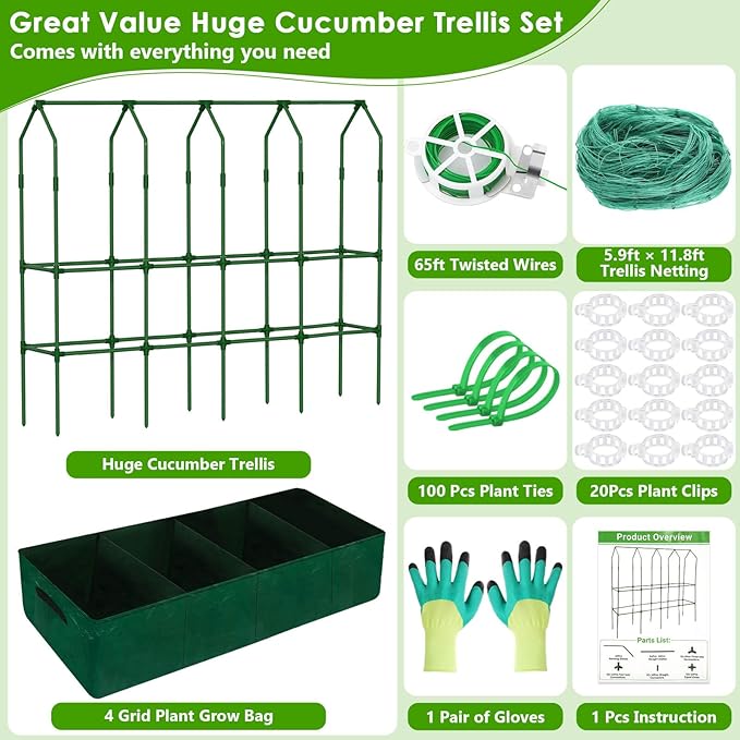 Large Cucumber Trellis for Climbing Plants with Grow Bag 67×65×16.5 Metal Garden Trellis for Raised Bed with Garden Netting and Plant Clip Plant Ties for Vegetables Squash Pea Grape Tomato