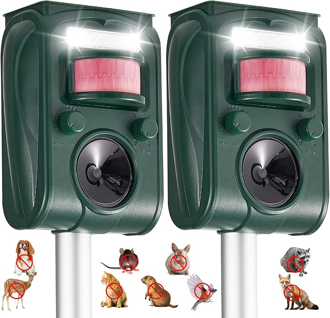 Upgraded Solar Ultrasonic Squirrel Deer Repellent Devices Motion Detection 5 Adjustable Modes Cat Raccoon Rabbit Dog Deterrent Animal Repellent with Waterproof for Yard 2P Dark Green