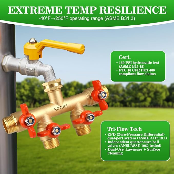 4 Way Brass Hose Splitter Full Flow with Metal Handle - Heavy Duty Spigot Splitter with Shut Off Valve 3/4 GHT Garden Tap Connector