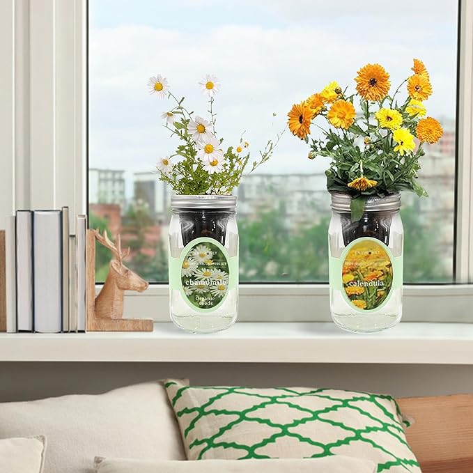2-Pack Hydroponic Mason Jar Herb Garden Kit Indoor Herb Garden Self-Watering Starter Kit New Christmas Gift for Mom (CalendulaChamomile)
