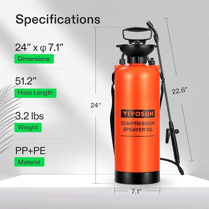 VIVOSUN 2.64-Gallon Pump Pressure Sprayer Pressurized Lawn &amp Garden Water Spray Bottle with Adjustable Shoulder Strap for Plants Spraying Garden Watering and Household Cleaning