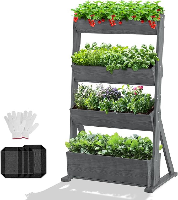 DoCred Vertical Wooden Raised Garden Bed 4 Tier Garden Planters Freestanding Wood Plant Stand Flower Rack Wooden Planter Box for Plants Herbs Flowers Vegetables Outdoor Indoor Gardening