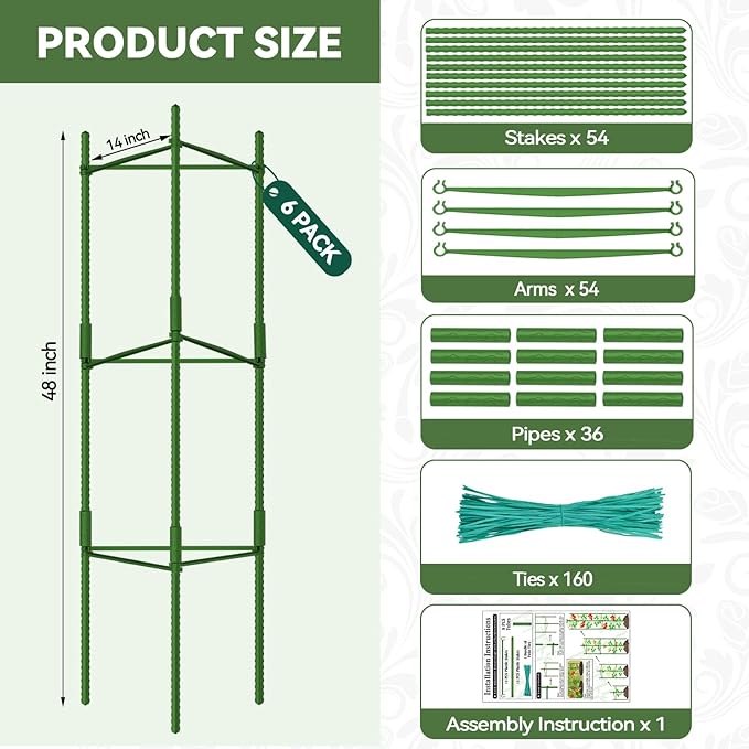 Halatool 6 Pack Tomato Cages for Garden Plant Support 48 Inch Adjustable Garden Stakes for Potted Plants Tomatoes Trellis for Climbing Vegetables Flowers Fruits Cucumber Eggplant Pepper Cherry