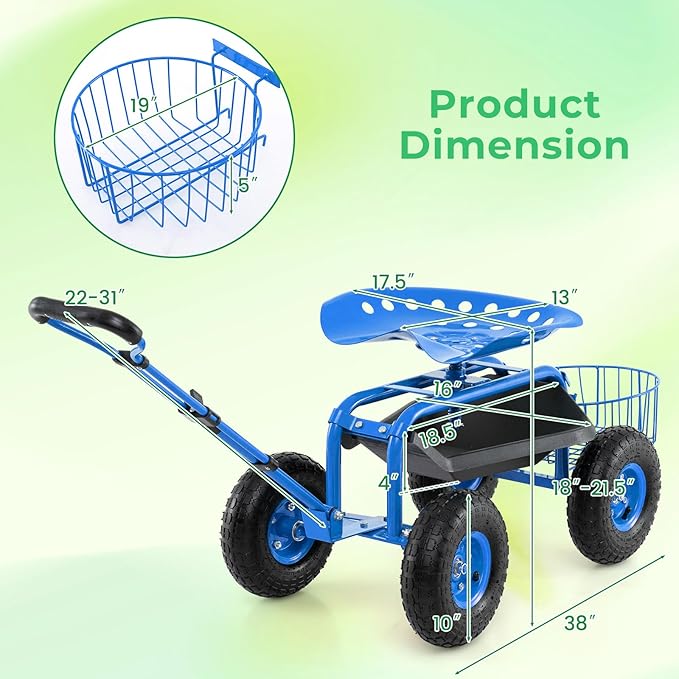 Garden Seat with Wheels Rolling Stool with Extendable Handle Storage Basket &amp Tool Tray Garden Scooter with 360 Degree Swivel Seat for Outdoor &amp Yard (Blue)
