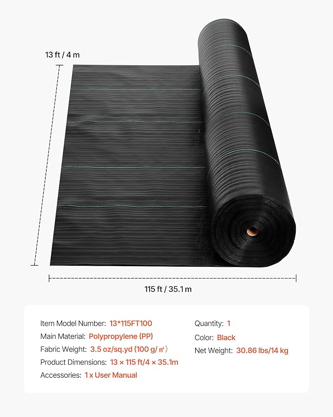 VEVOR Weed Barrier Fabric Heavy Duty 13x115FT 3.5oz Landscape Fabric Woven Weed Blocker Fabrics Garden Fabrics Weeds Barrier Weeds Control Ground Cover Geotextile Webbing Gardening Mat Black