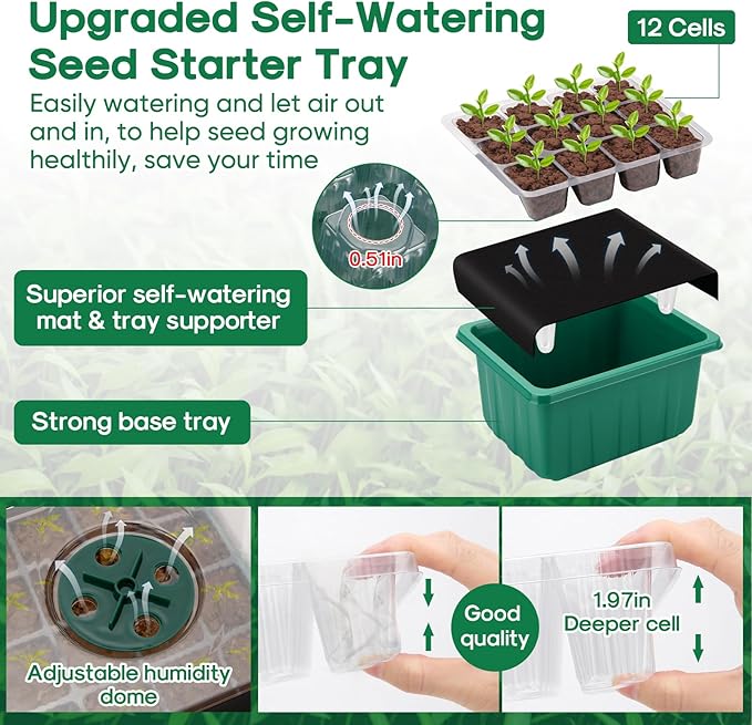 BlumWay Self-Watering Seed Starter Tray Kit with Grow Light and Humidity Dome3 Color Growing Light5-Pack 60-Cell Plant Seedling TrayReusable Plastic Germination TraysTimed Light Plant Starter Set