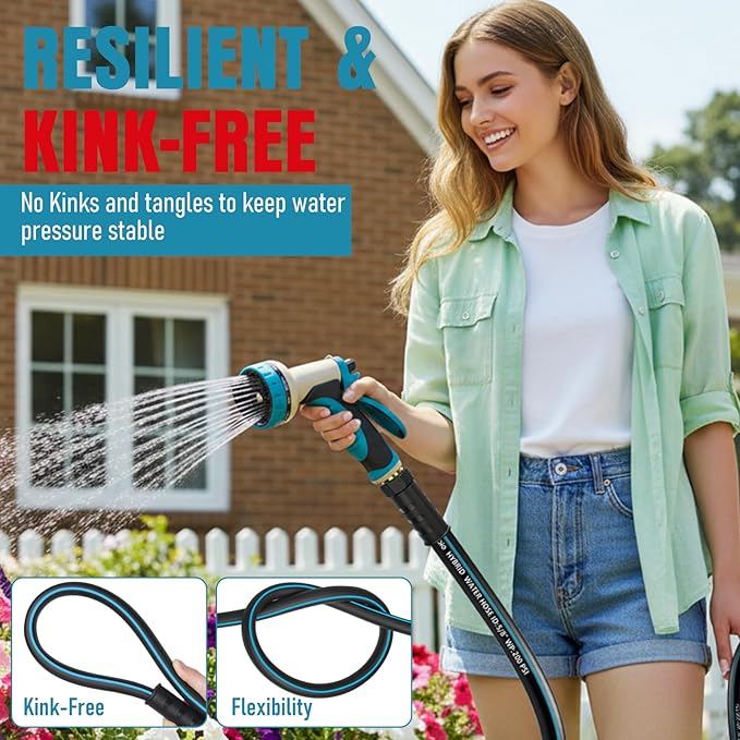 Heavy Duty Garden Hose 100 ft NON-EXPANDABLE Water Hose with 10 Function Spray Nozzle Lightweight Kink-less Hybrid Hose with Swivel Handle Male to Female Fittings