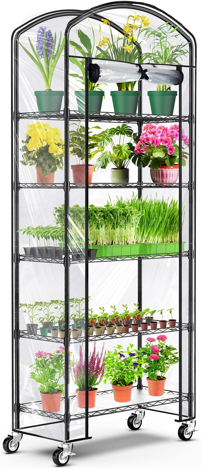 Abimars 5-Tier Greenhouse with Caster Wheel Each Shelf Height Adjustable Metal Plant Shelf with PVC Cover for Seed Starting Trays Seedling Pots Plant Pots 13x29x73inch