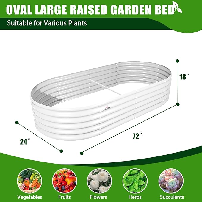 A ANLEOLIFE 6X2X1.5 ft Galvanized Raised Garden Beds Outdoor Oval Round Metal Planter Box for Planting Vegetables Flowers Herb Anti-Rust &amp Easy-Setup Antique White