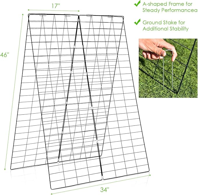 S AFSTAR 46 x 34 Inch Cucumber Trellis for Garden 16 PCS Foldable A-Shape Plant Support W/36 Clips 32 Ground Stakes 16 Spiral Connectors 24 Cable Tie Twist Tie Garden Trellis for Climbing Plants