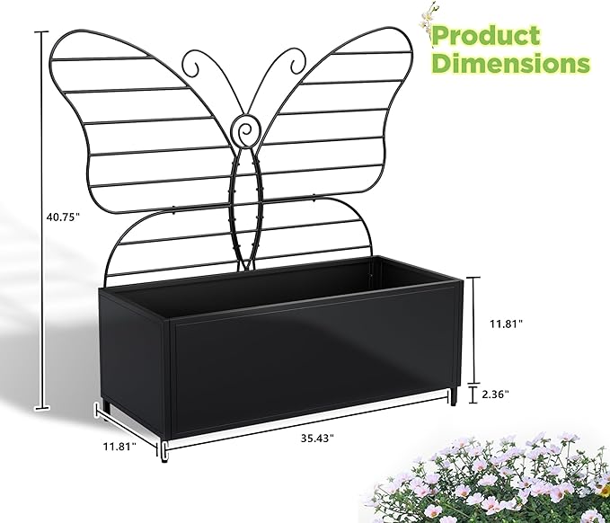 Metal Planter Box with Trellis Metal Raised Garden Bed with Drainage Holes Butterfly-Shaped Planters for Outdoor Garden Box for Climbing Plants Vegetables and Vines (Black)