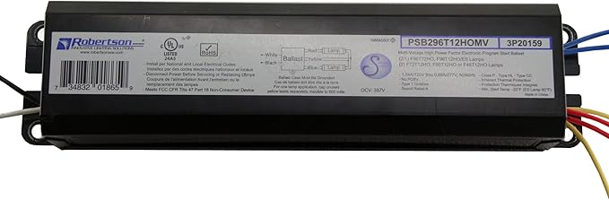 Robertson PSB296T12HOMV Ballast (3P20159) – 1 or 2 Lamp Fluorescent Electronic Ballast 120–277V Programmed Start for T12 HO Fluorescent Lamps between 60W-110W (F48T12/HO thru F96T12/HO) (Qty 1 ea)