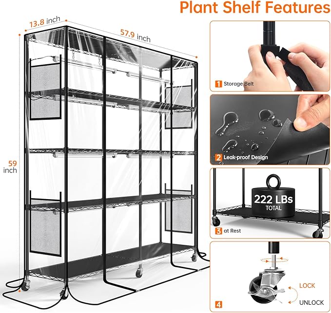 Bstrip Indoor Greenhouse with Grow Light Large Plant Shelf with 8 Pack T8 Full Spectrum Plant Lights and Cover mini Greenhouse for Indoor Plant Seed Starting (58 L x 13.8 W x 59 H)