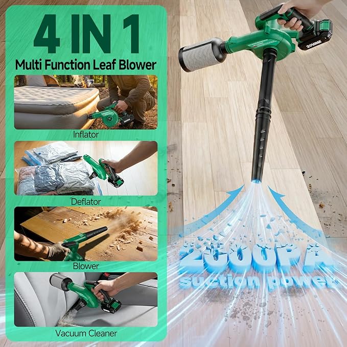 K I M O. Cordless Leaf Blower Vacuum Combo 4 in 1 3 Nozzles &amp3 Modes for Inflation &amp Deflation Extended Tube &amp Variable Speed 20000RPM 150MPH 2x2000mAh Battery Powered Leaf Blowers for