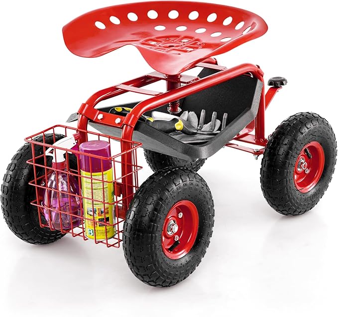 Giantex Garden Workseat 360 Swivel Rolling Seat with Wheels Tools Basket Gardening Cart with Seat Adjustable Height Wagon Scooter for Patio Lawn Yard Outdoor Steerable Stool (Red)