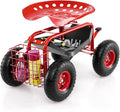 Giantex Garden Workseat 360 Swivel Rolling Seat with Wheels Tools Basket Gardening Cart with Seat Adjustable Height Wagon Scooter for Patio Lawn Yard Outdoor Steerable Stool (Red)