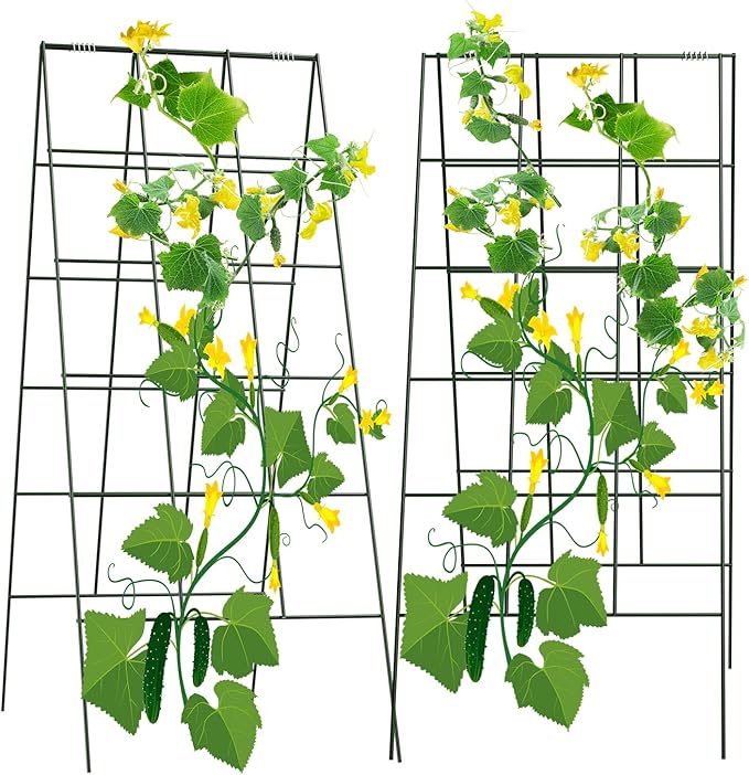 AGTEK 2 Packs 18 x 46 Foldable Cucumber Trellis with Zip Ties Plant Support A Frame Metal Trellis for Cucumber Climbing Plants Vegetable Flowers